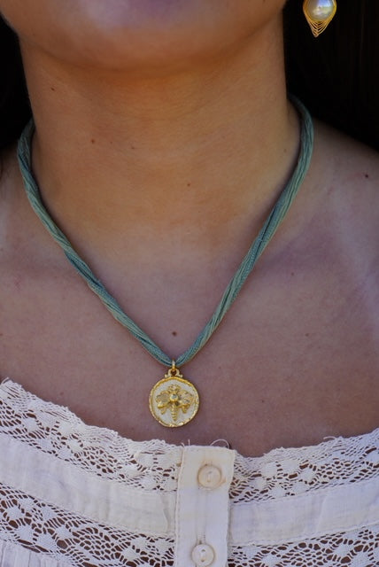 sage & gold medallion necklace